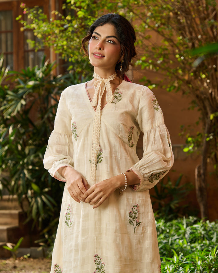 Sidoni Off White Embroidered Cotton Checks Kurta Set