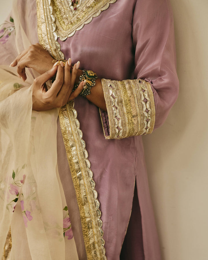 Zoyra Purple Handpainted Viscose Organza Suit Set