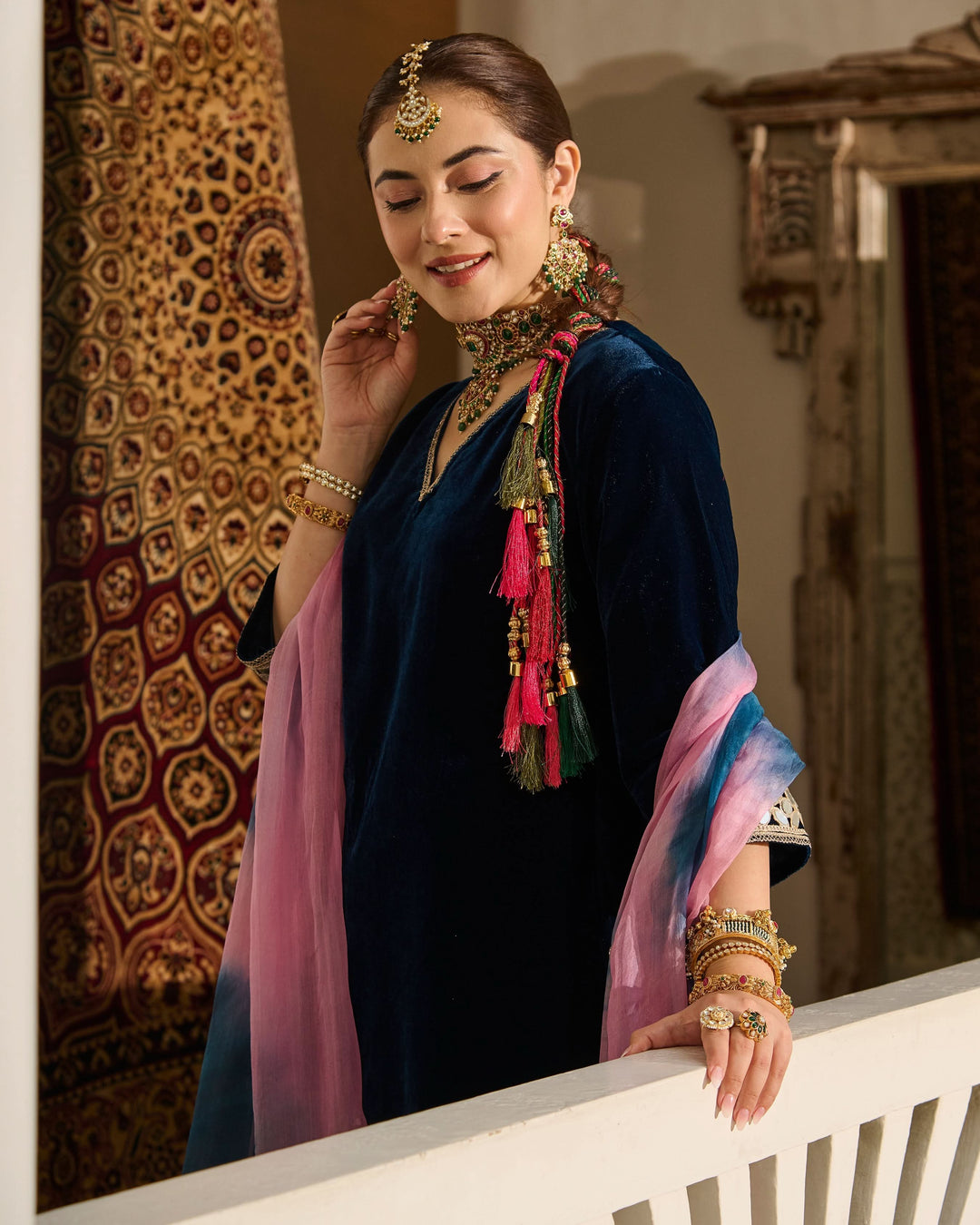 Amodini Blue Solid Velvet Suit Set