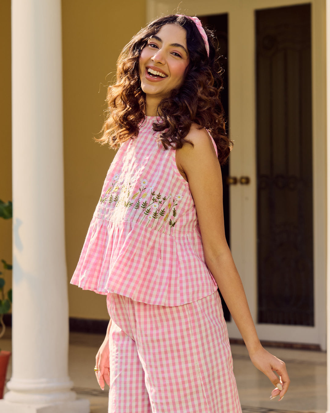 Darina Pink Embroidered Cotton Checks Coord Set