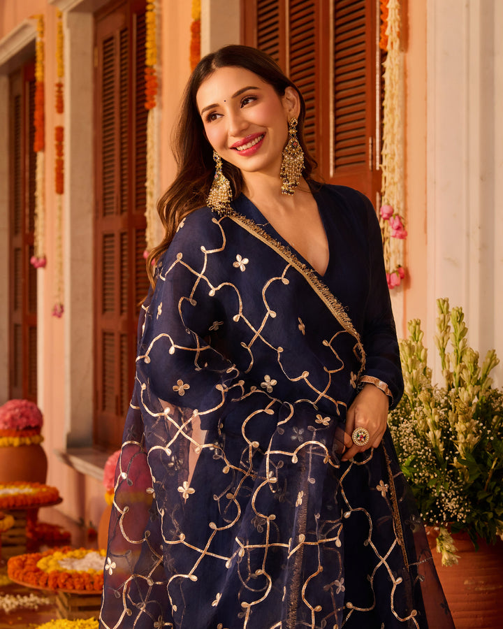 Jyotika Blue Embroidered Chanderi Suit Set