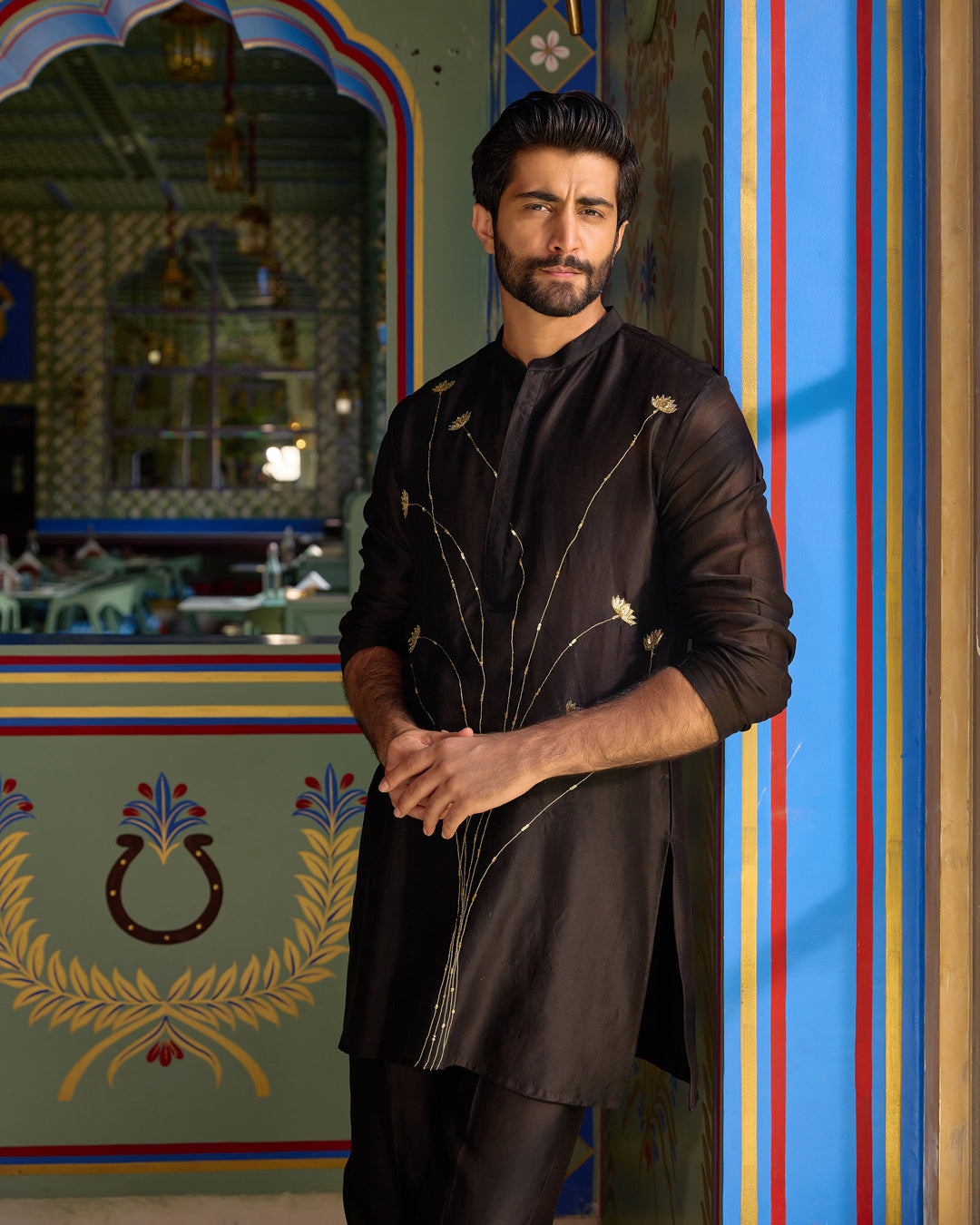 Shankar Black Chanderi Embroidered Kurta