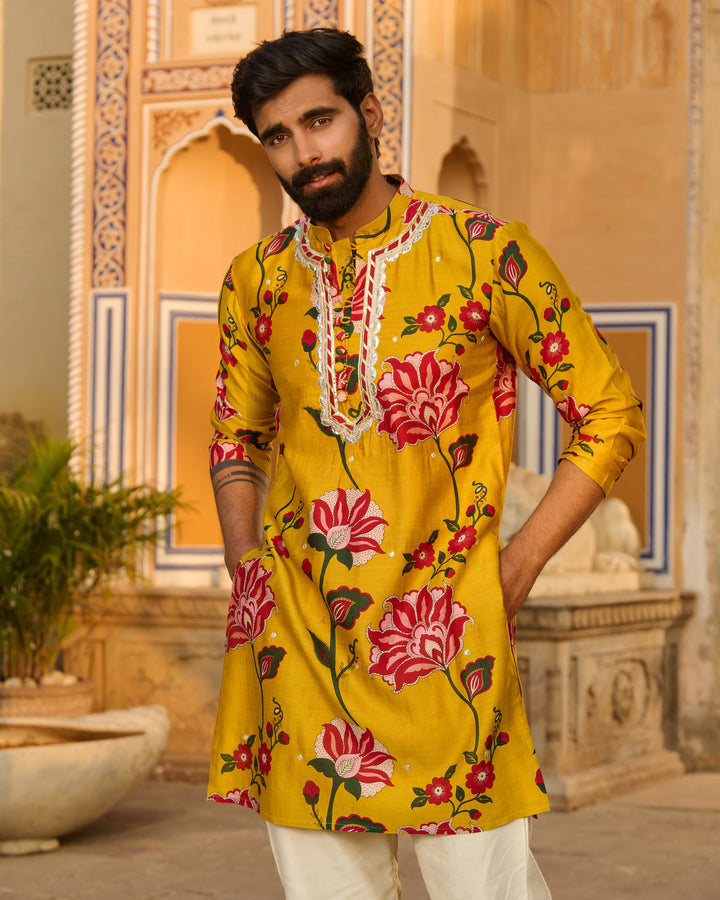 Arjun Mustard Printed Chanderi Kurta