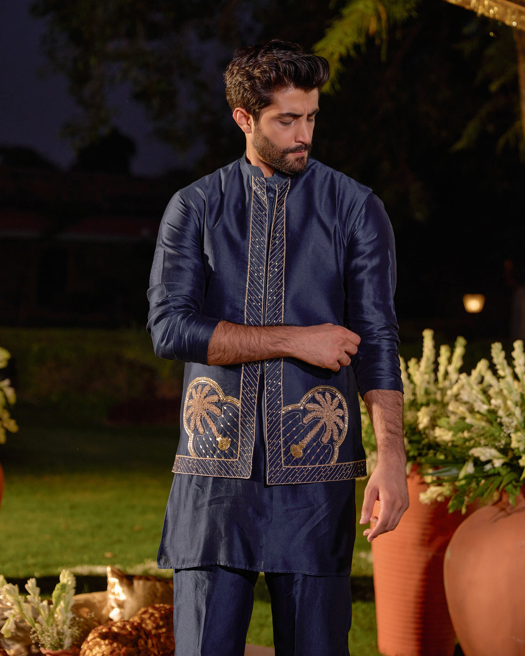 Vishnu Navy Chanderi Embroidered Jacket And Kurta Set
