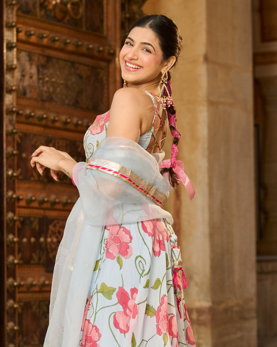 Astra Light Blue Printed Viscose Organza Suit Set