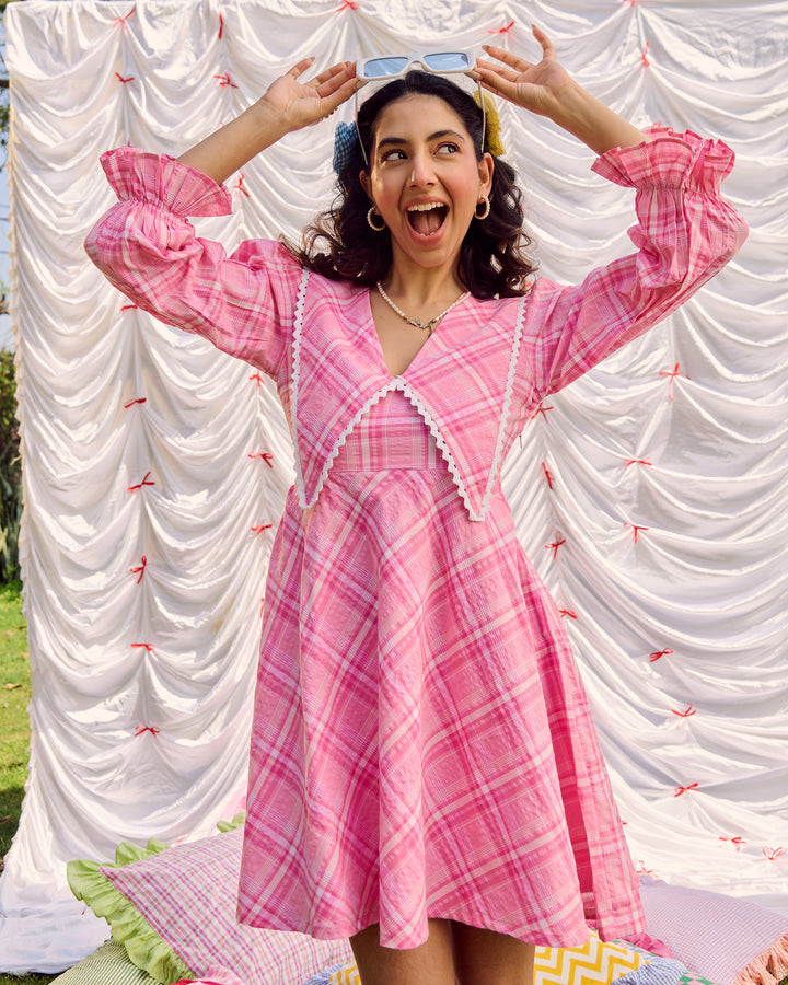 Defne Pink Cotton Checks Dress
