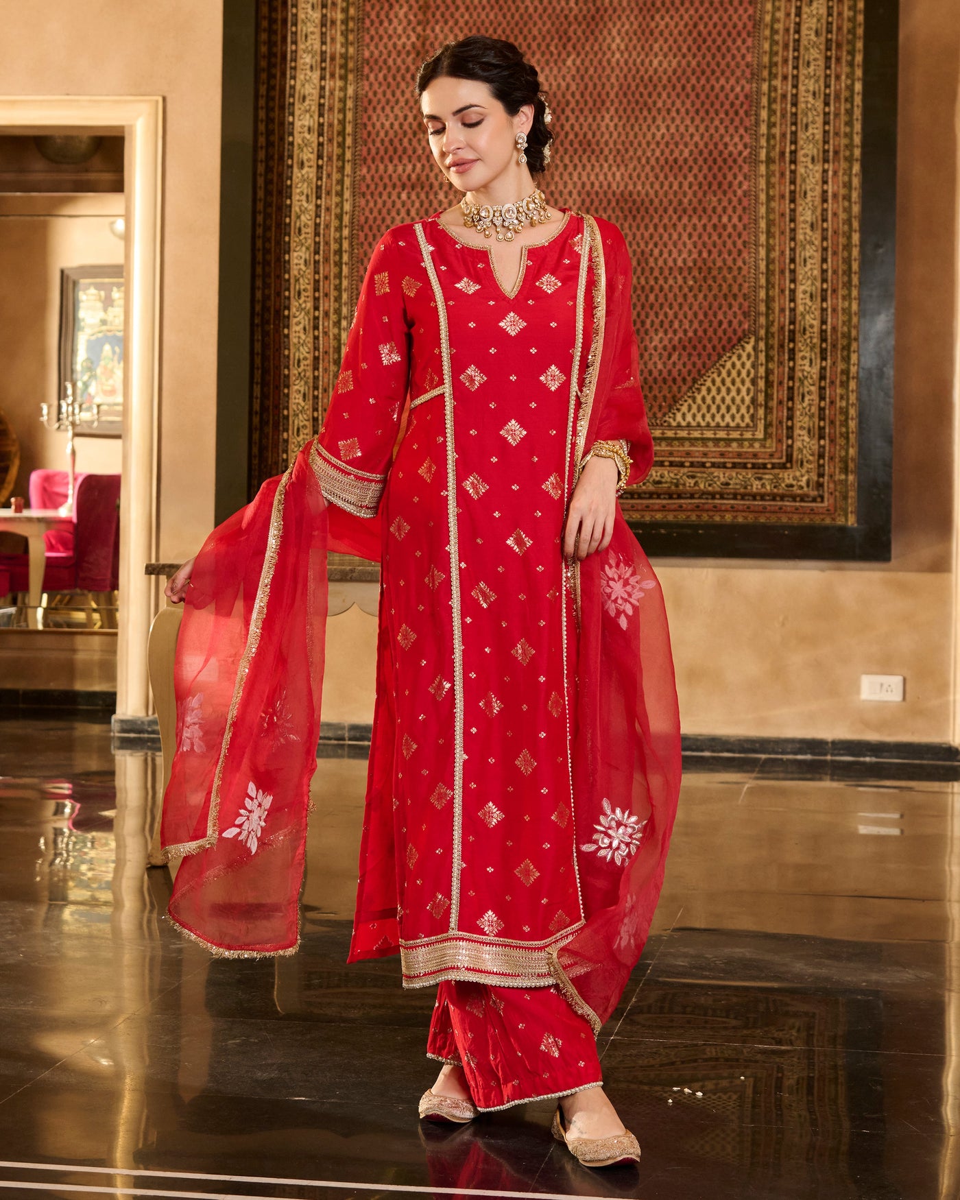 Jini Red Jacquard Suit Set