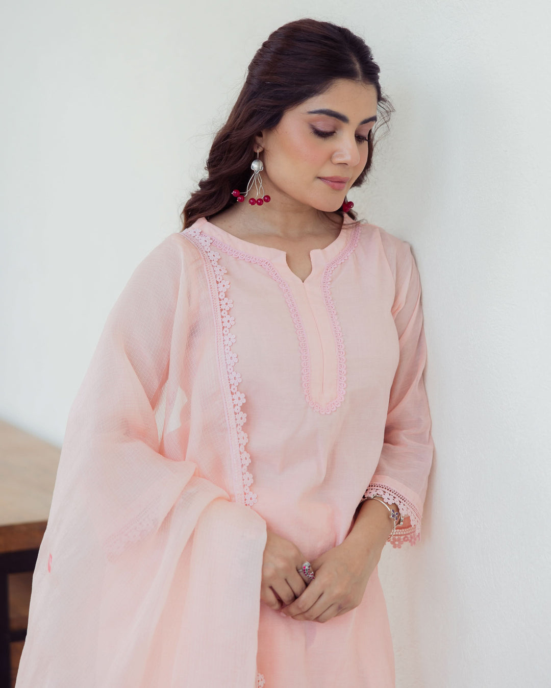 Milky Peach Handpainted Chanderi Suit Set