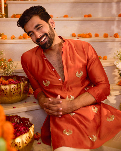 Ratnav Orange Embroidered Chanderi Kurta