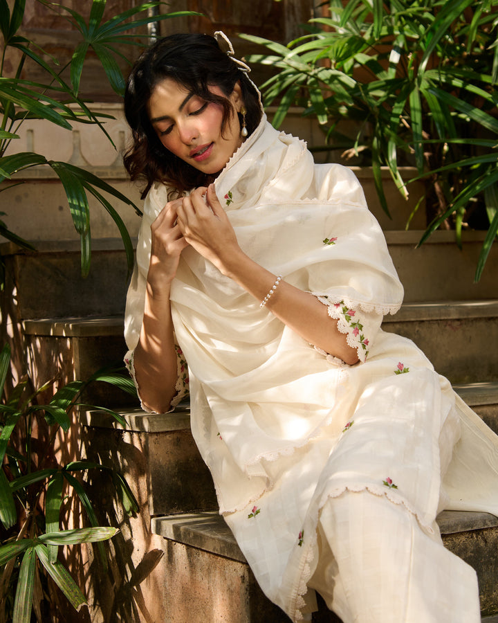 Vayu Off White Embroidered Cotton Checks Suit Set