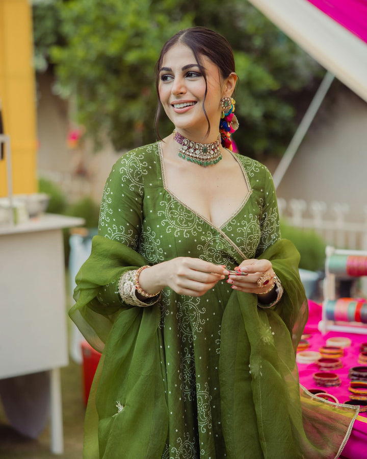 Katha Green Bandhani Chanderi Suit Set