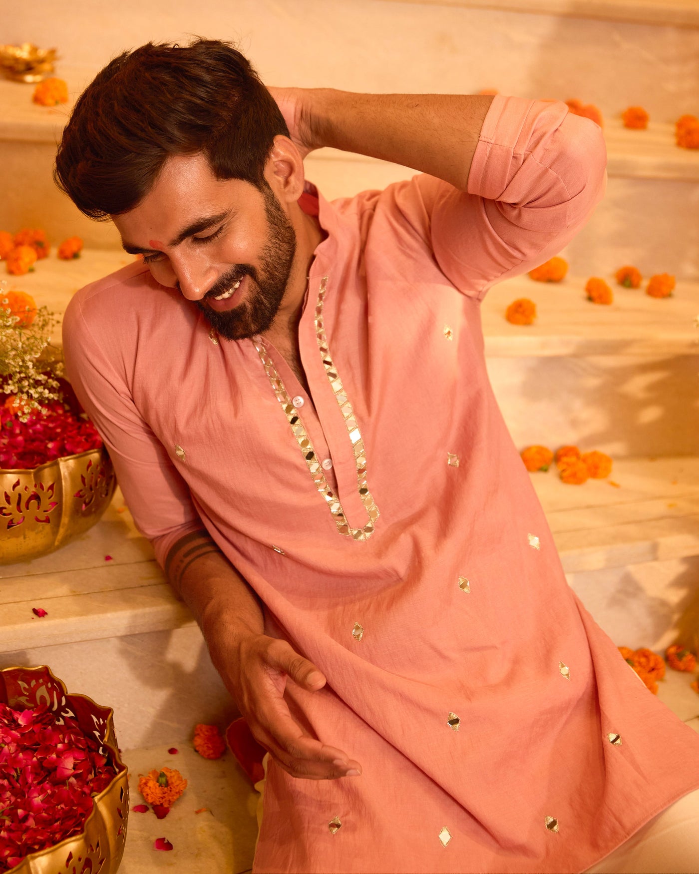 Manthan Peach Embroidered Chanderi Kurta