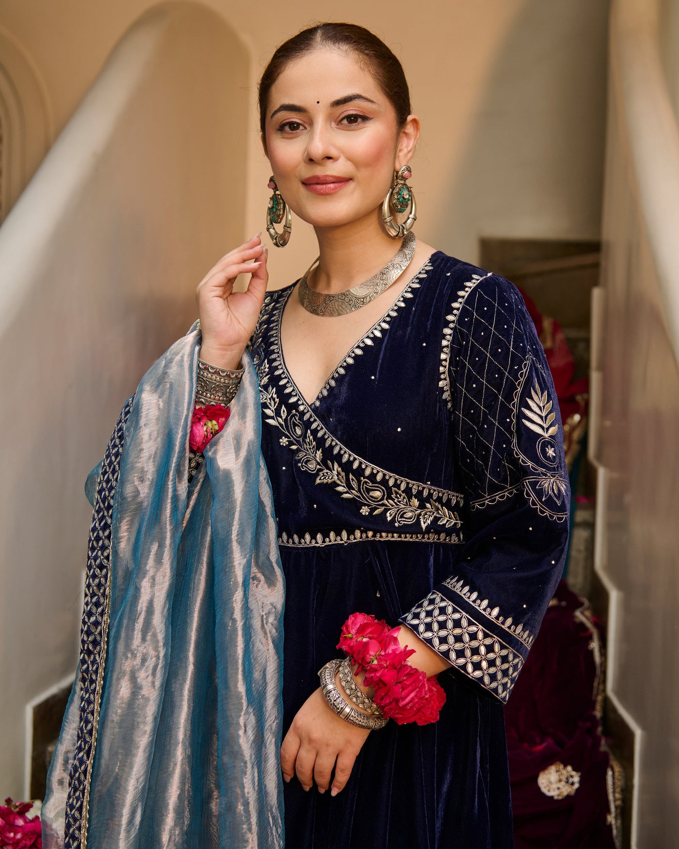 Arzu Blue Embroidered Velvet Suit Set