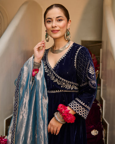 Arzu Blue Embroidered Velvet Suit Set