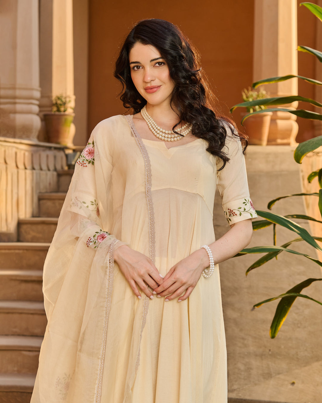 Nazra Cream Embroidered Cotton Suit Set
