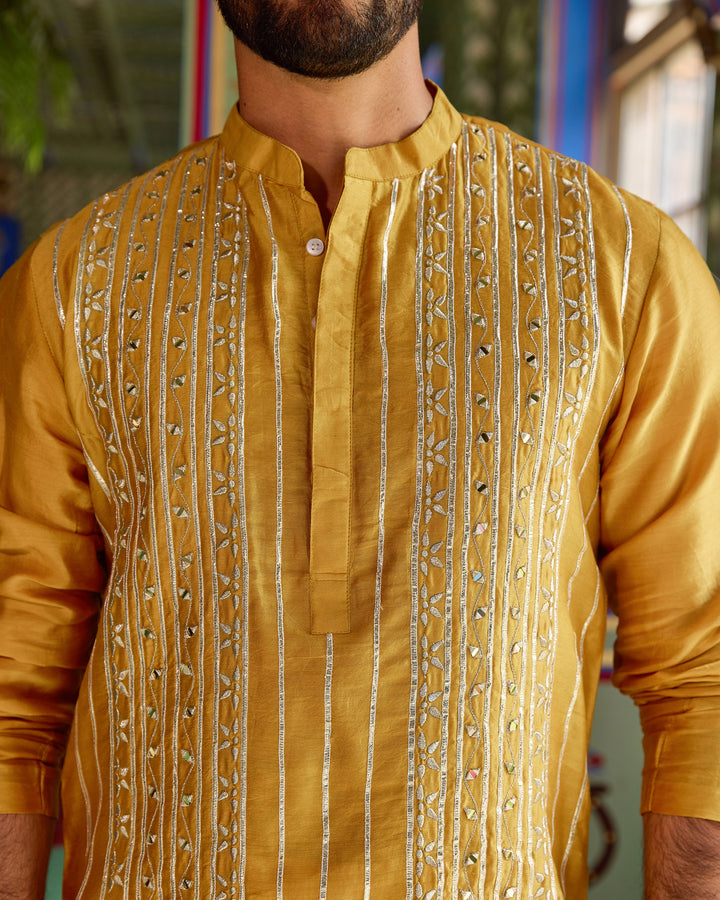 Vardhan Mustard Chanderi Embroidered Kurta