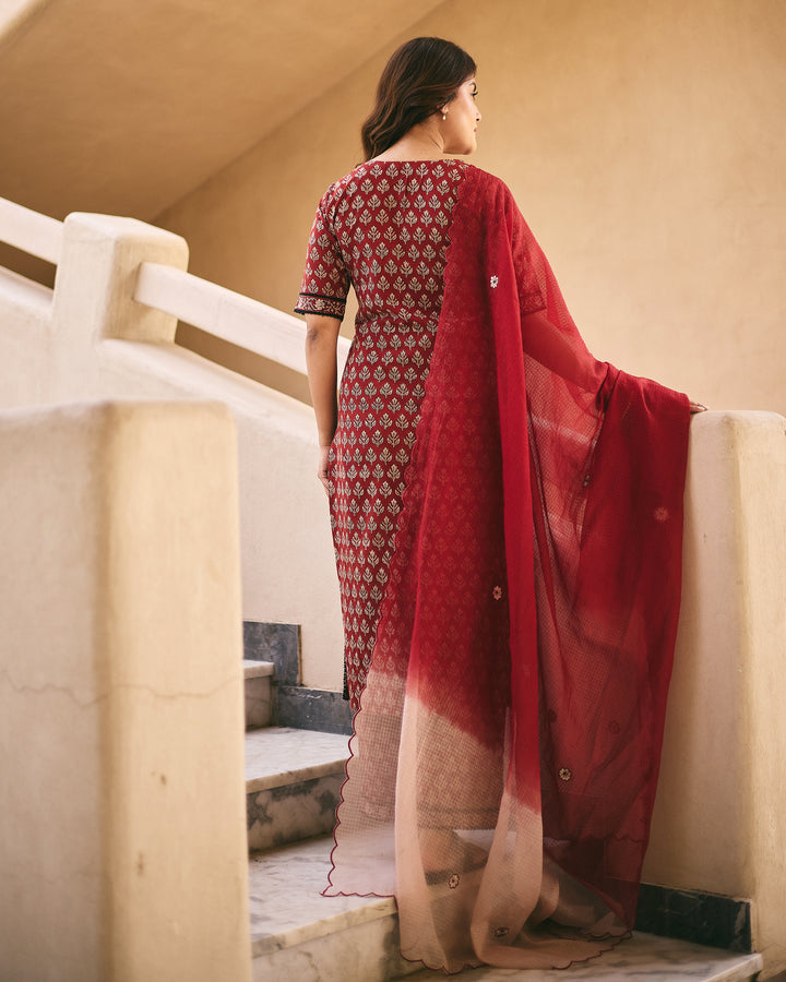 Grisha Maroon Cotton Printed Suit Set