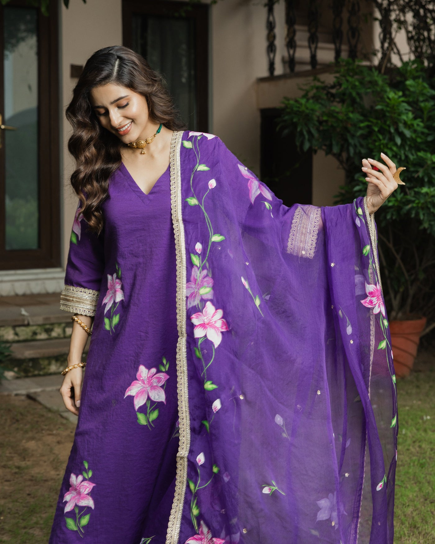 Kanchan Purple Handpainted Chanderi Suit Set