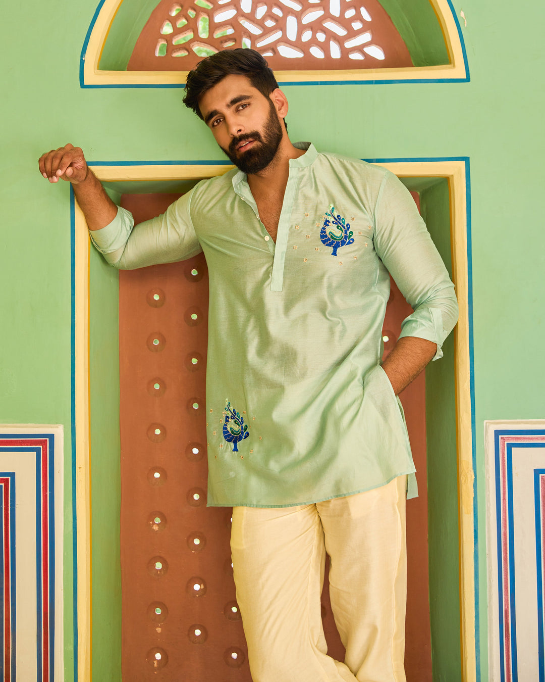 Himant Turquoise Blue Embroidered Chanderi Kurta