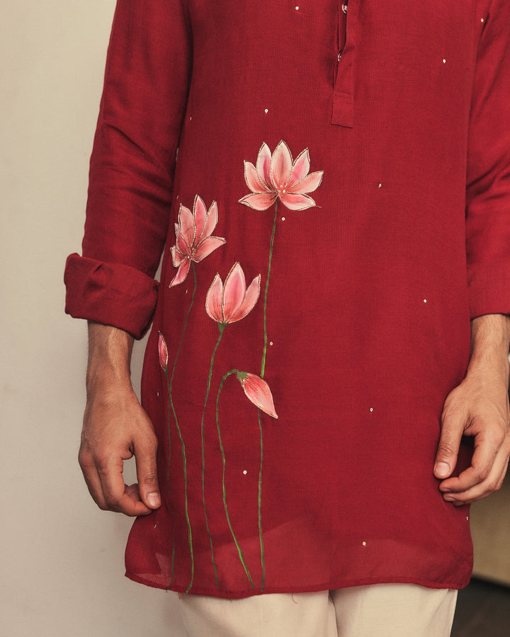 Kaevan Maroon Handpainted Tabby Checks Kurta