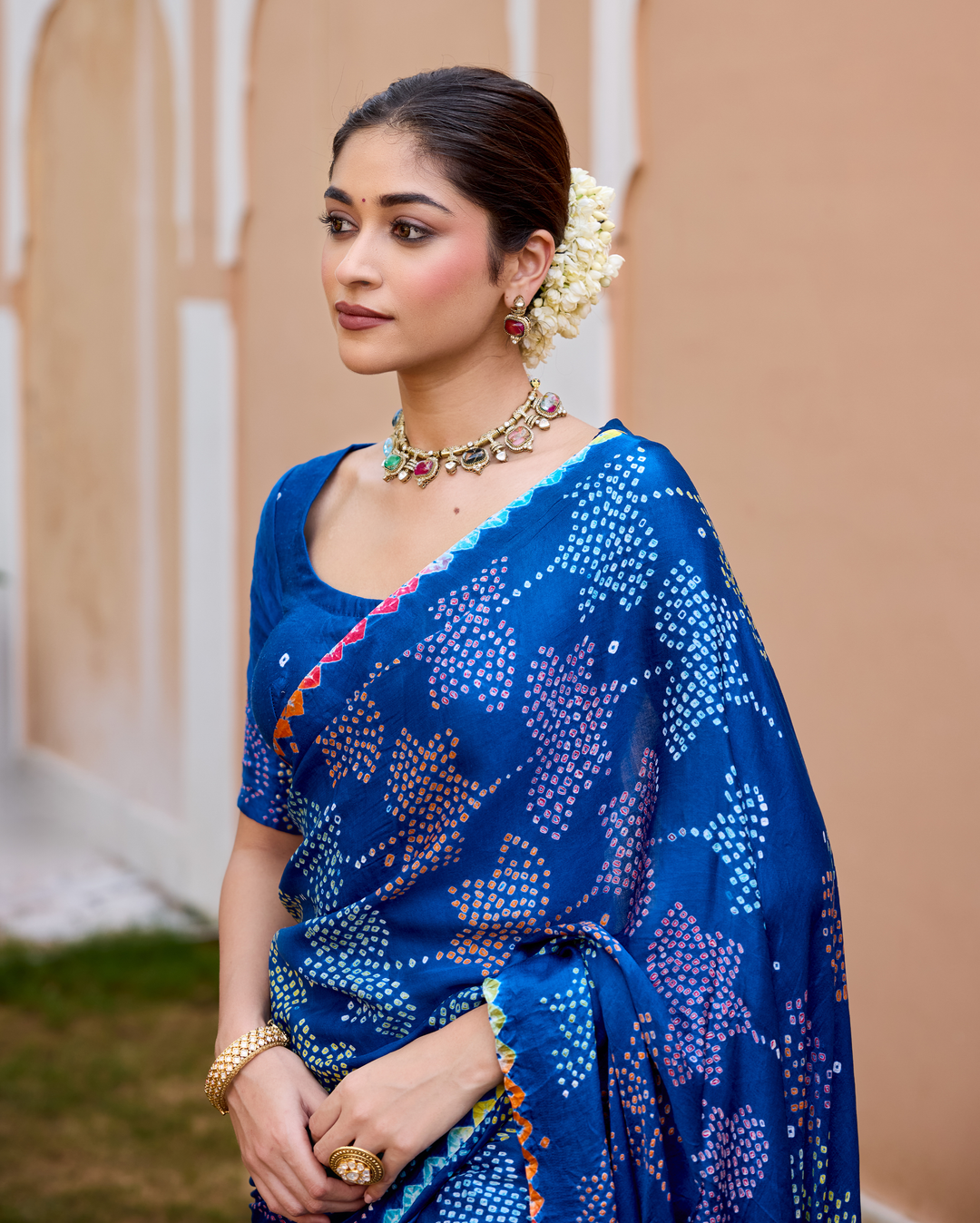 Mohini Blue Gajji Silk Bandhej Saree