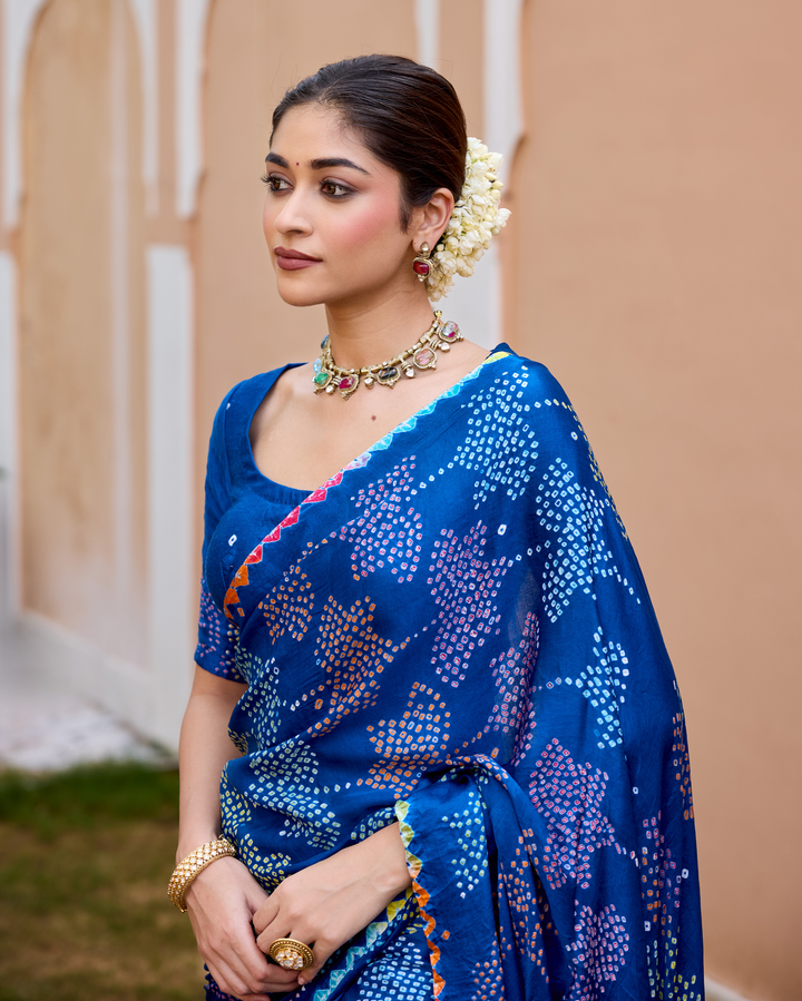 Mohini Blue Gajji Silk Bandhej Saree