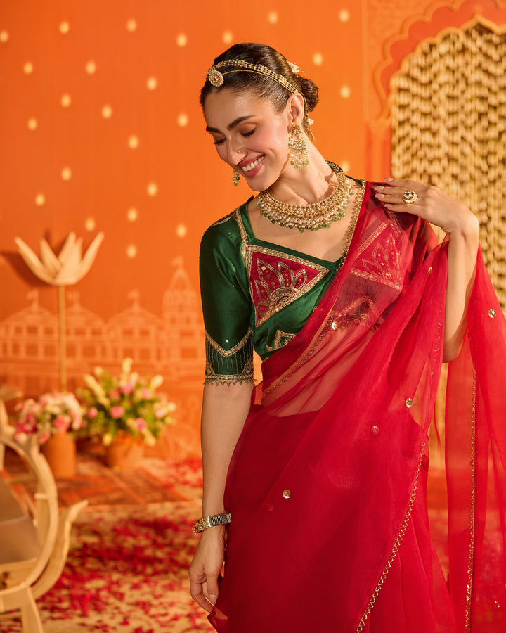 Inayat Green Embroidered Chanderi Aangi Blouse And Saree