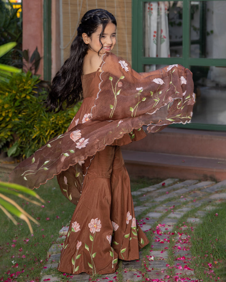 Toffee Brown Handpainted Muslin Sharara Set