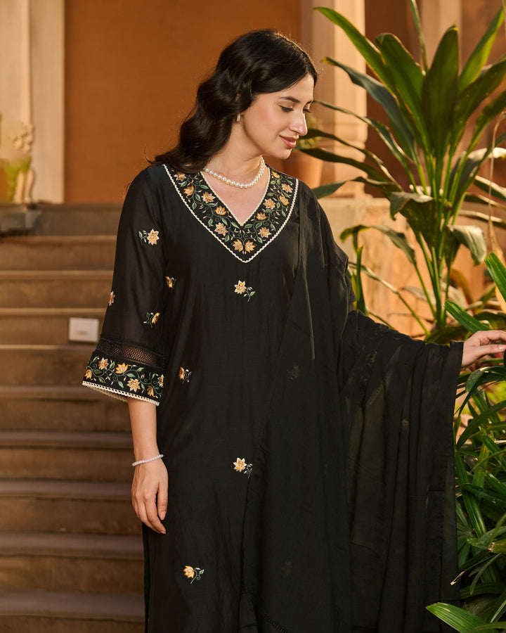Bela Black Embroidered Cotton Suit Set