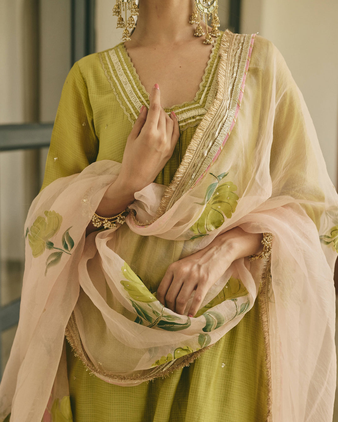 Kalvya Lime Green Handpainted Cotton Checks Suit Set