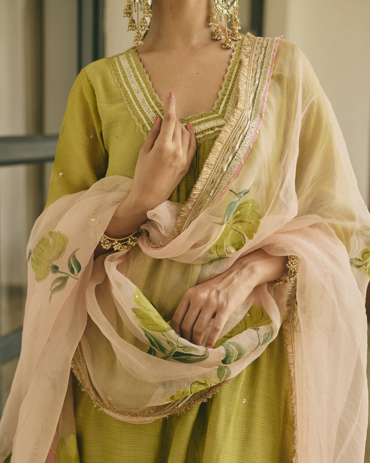 Kalvya Lime Green Handpainted Cotton Checks Suit Set