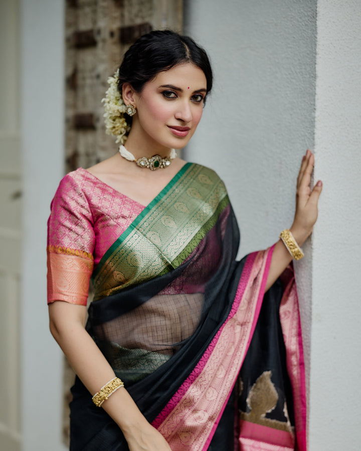 Vaibhav Black Pink Doria Butta Border Saree