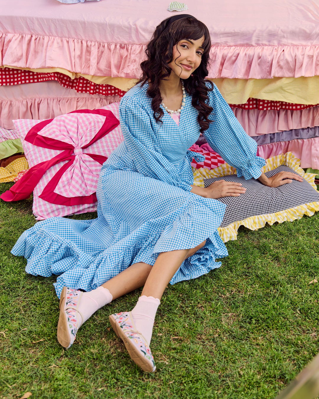 Sri Sky Blue Cotton Checks Dress