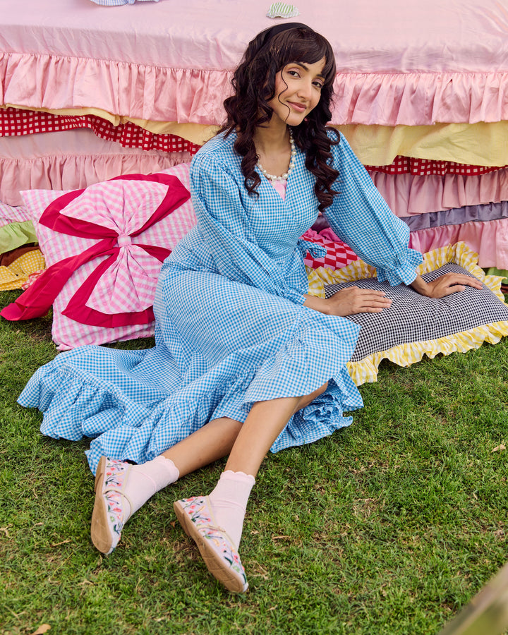 Sri Sky Blue Cotton Checks Dress