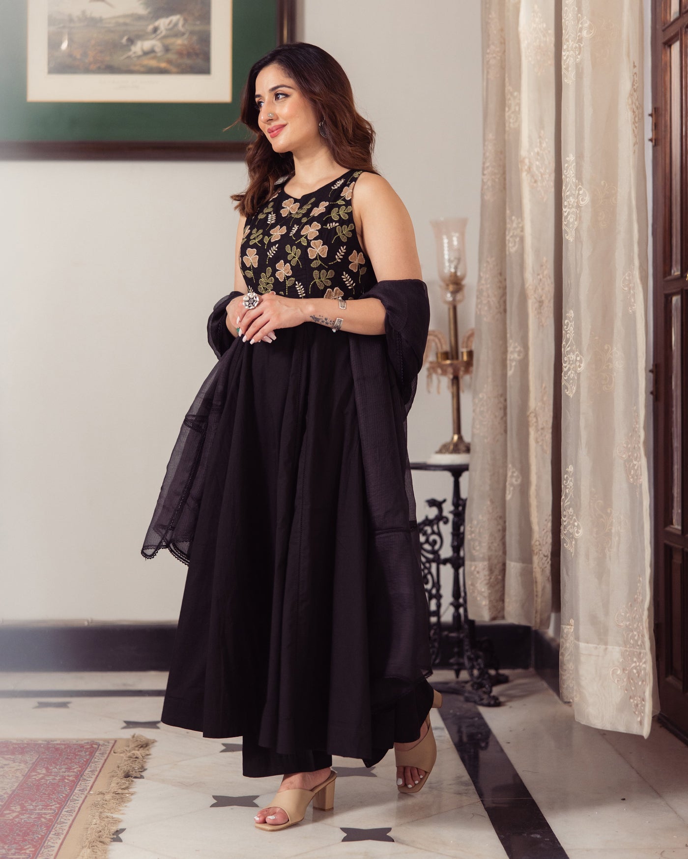 Shadow Black Embroidered Cotton Suit Set