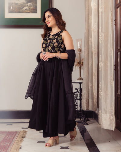 Shadow Black Embroidered Cotton Suit Set