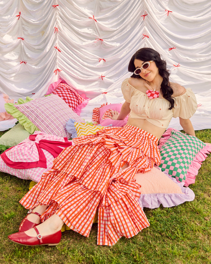 Savana Orange Embroidered Cotton Checks Printed Coord Set