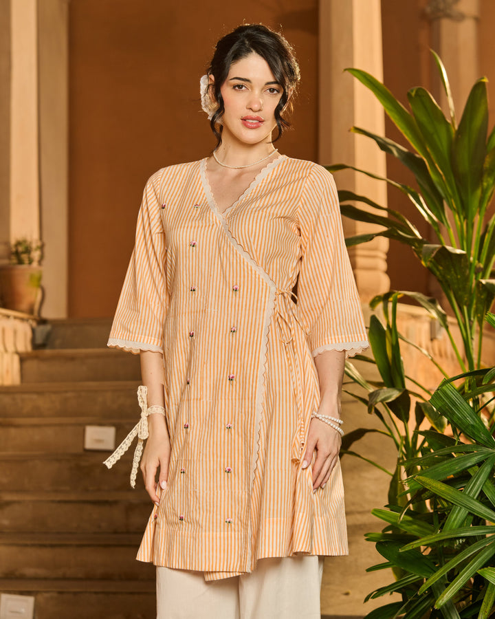 Manon Orange Printed Cotton Stripes Kurta Set