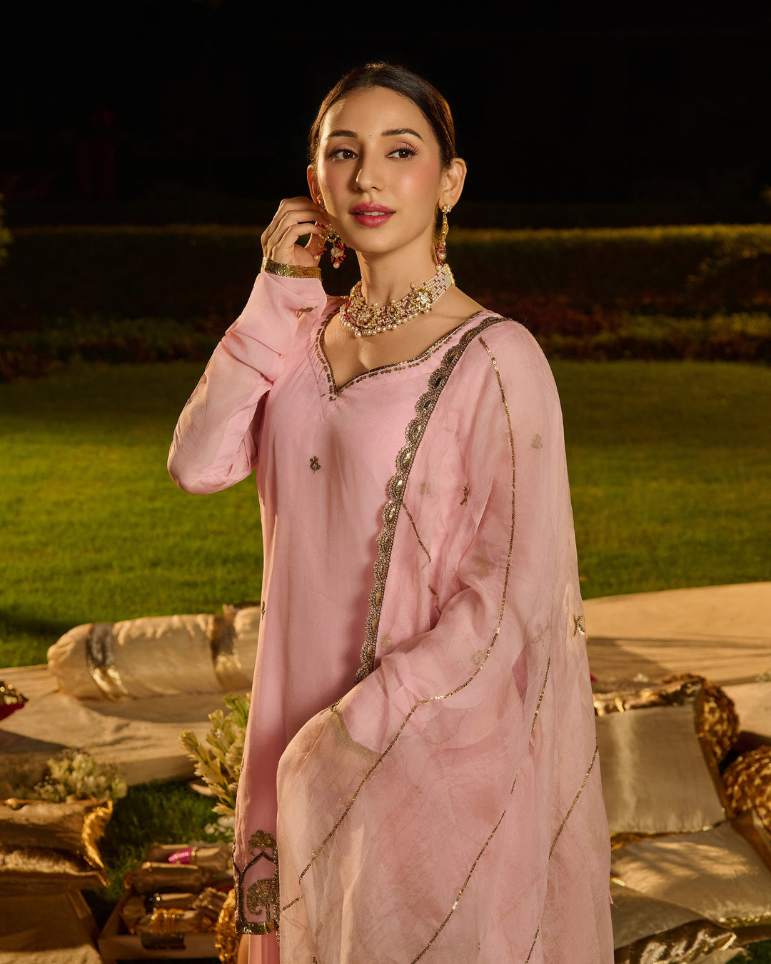 Deepra Baby Pink Embroidered Viscose Organza Suit Set