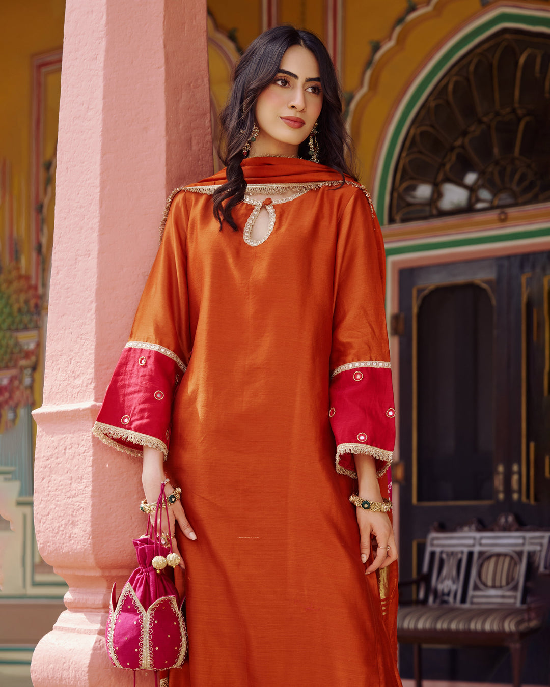 Priya Orange Embroidered Chanderi Suit Set