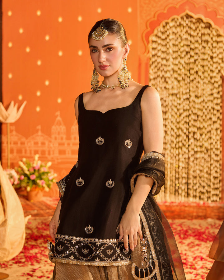 Diyara Black Embroidered Chanderi Garara Set