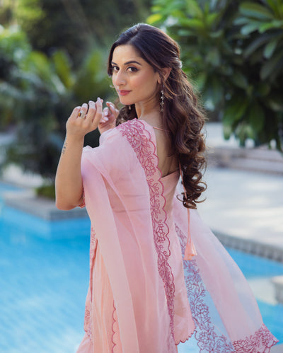 Lotus Charm Peach Embroidered Cotton Sharara Set