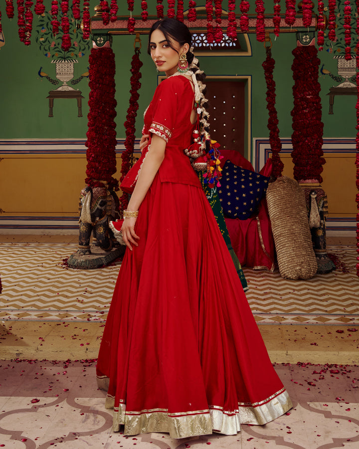 Anuroop Red Embroidered Chanderi Lehenga Set