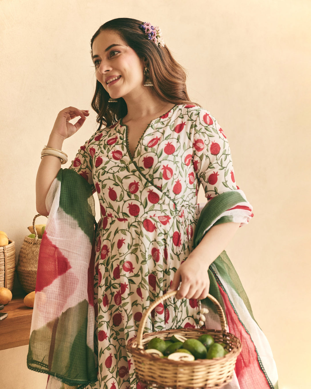 Yulia White Cotton Crush Printed Suit Set