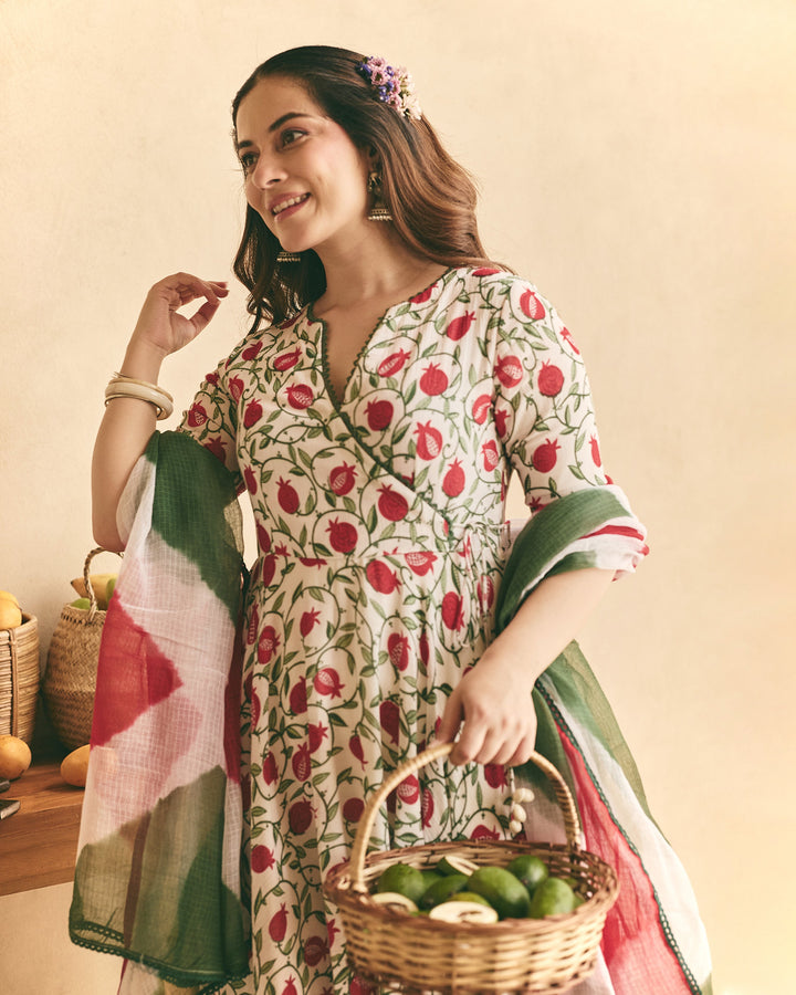 Yulia White Cotton Crush Printed Suit Set