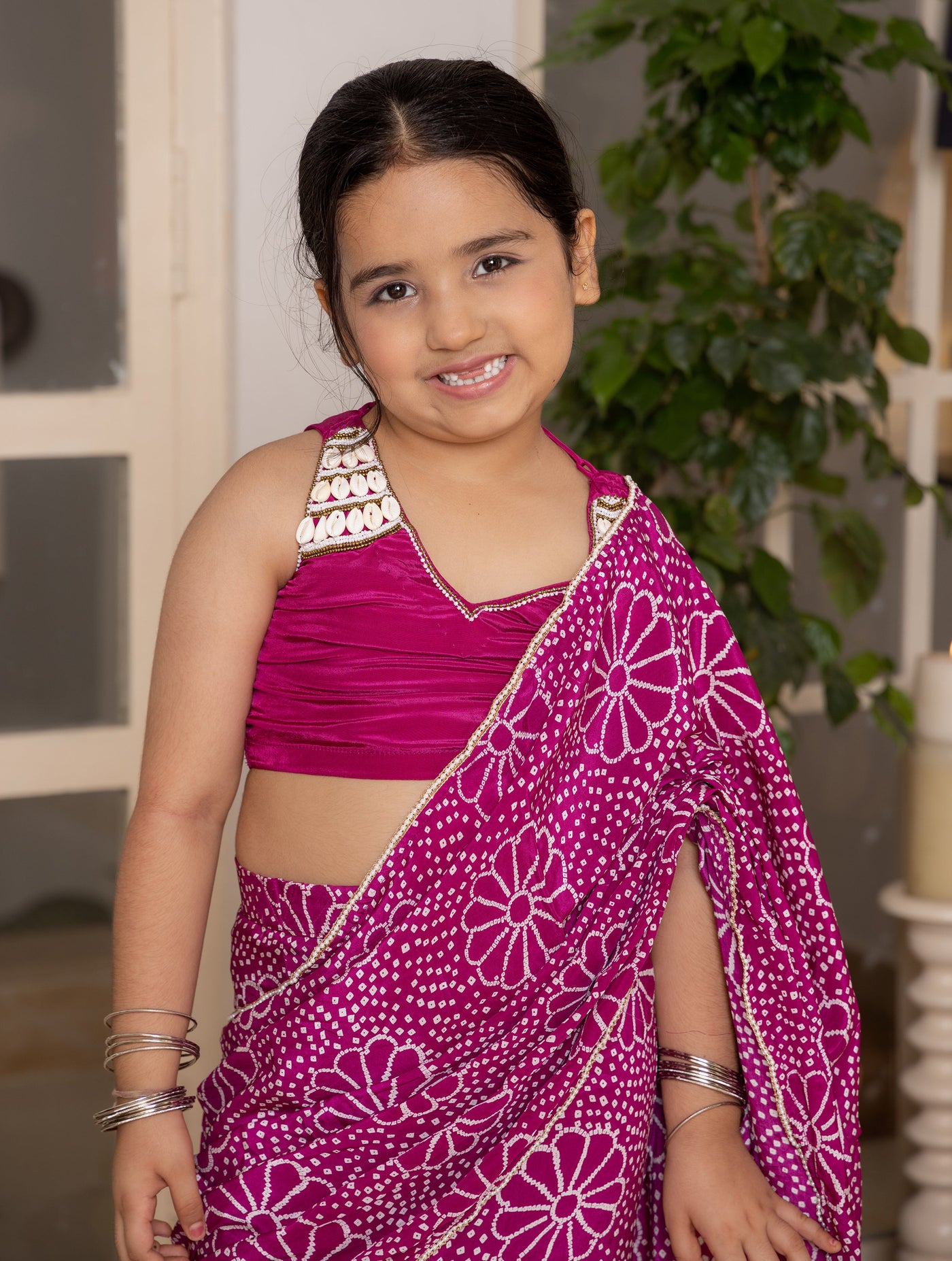 Mahi Purple Bandhani Crepe Pre Draped Saree