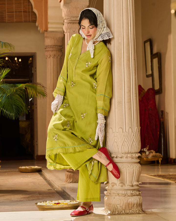 Nino Green Embroidered Cotton Checks Kurta Set