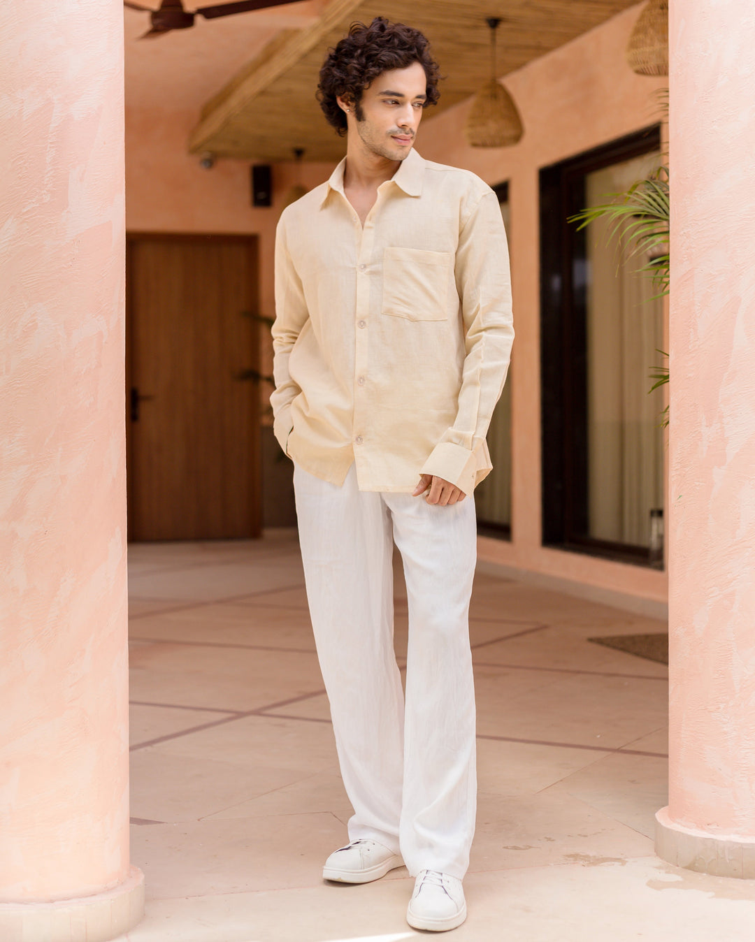 Eryx Off White Cotton Flex Solid Shirt