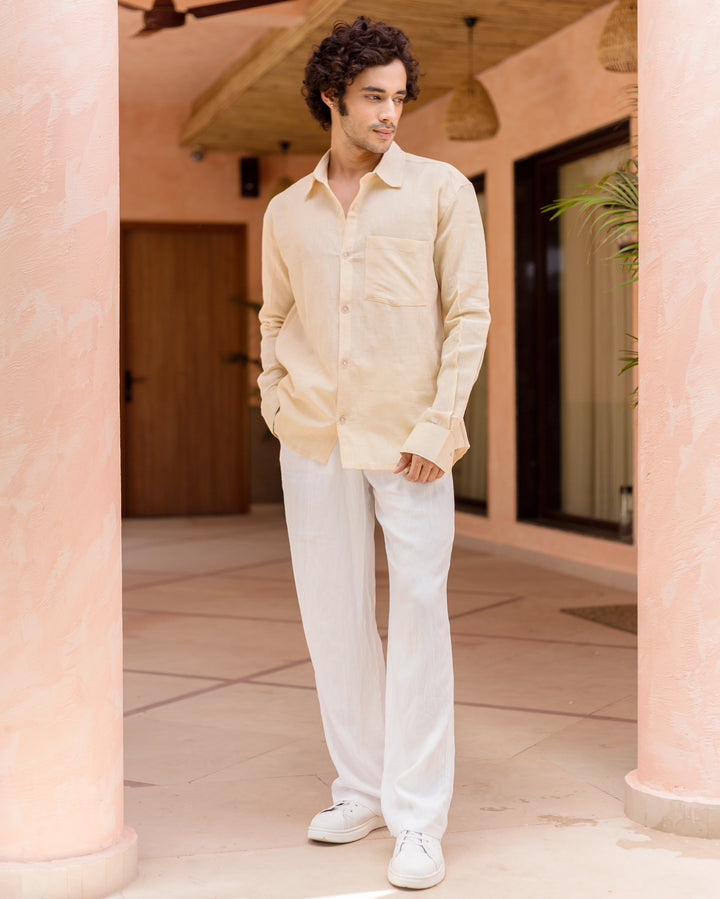 Eryx Off White Cotton Flex Solid Shirt