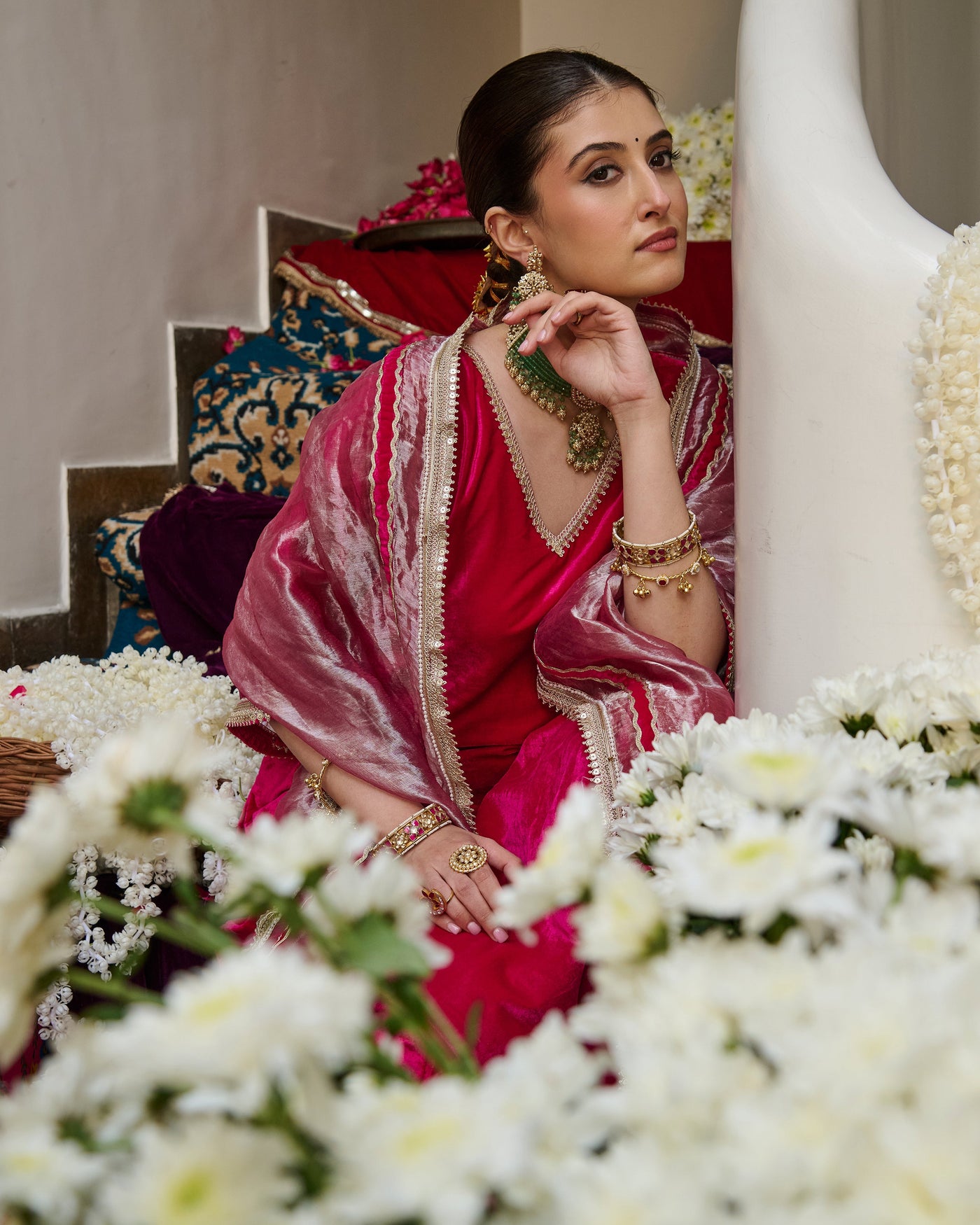 Rima Pink Solid Velvet Suit Set